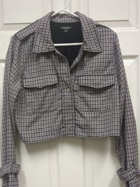 wild fable Cropped Plaid Snap-Front Jacket in Gray and Pink